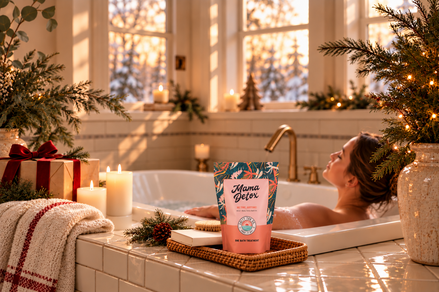 A Mama Detox kit beside a holiday bath with candles and evergreens