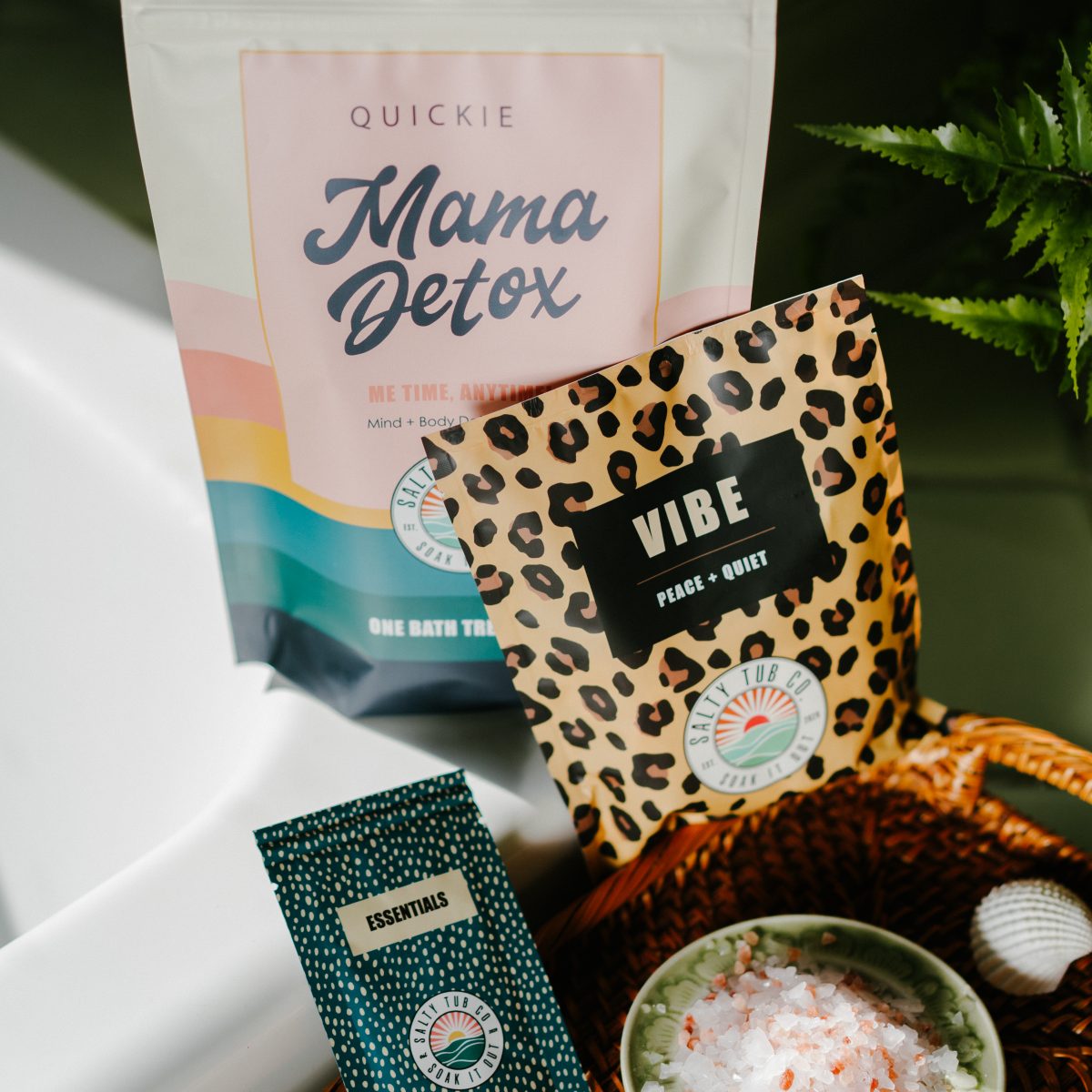 A Mama Detox Quickie kit — salts, Vibe bath bomb and Essentials oils